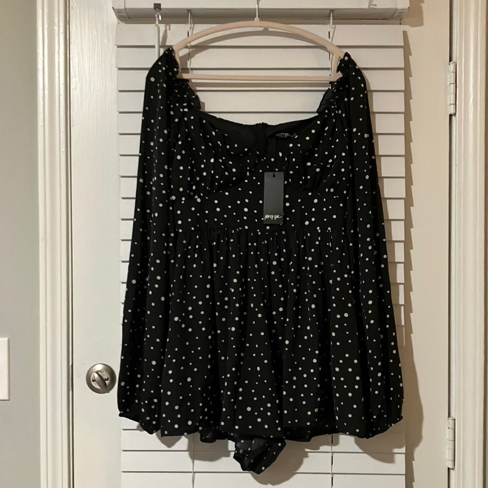 Nasty Gal Black and White Polka Dot Off-Shoulder Romper